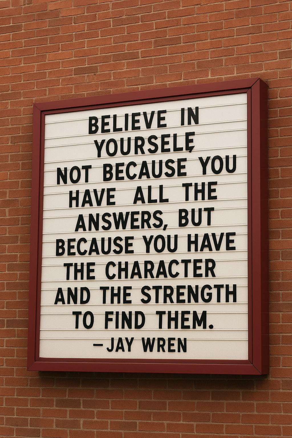 Believe in yourself, not because you have all the answers, but because you have the character and the strength to find them. - Jay Wren